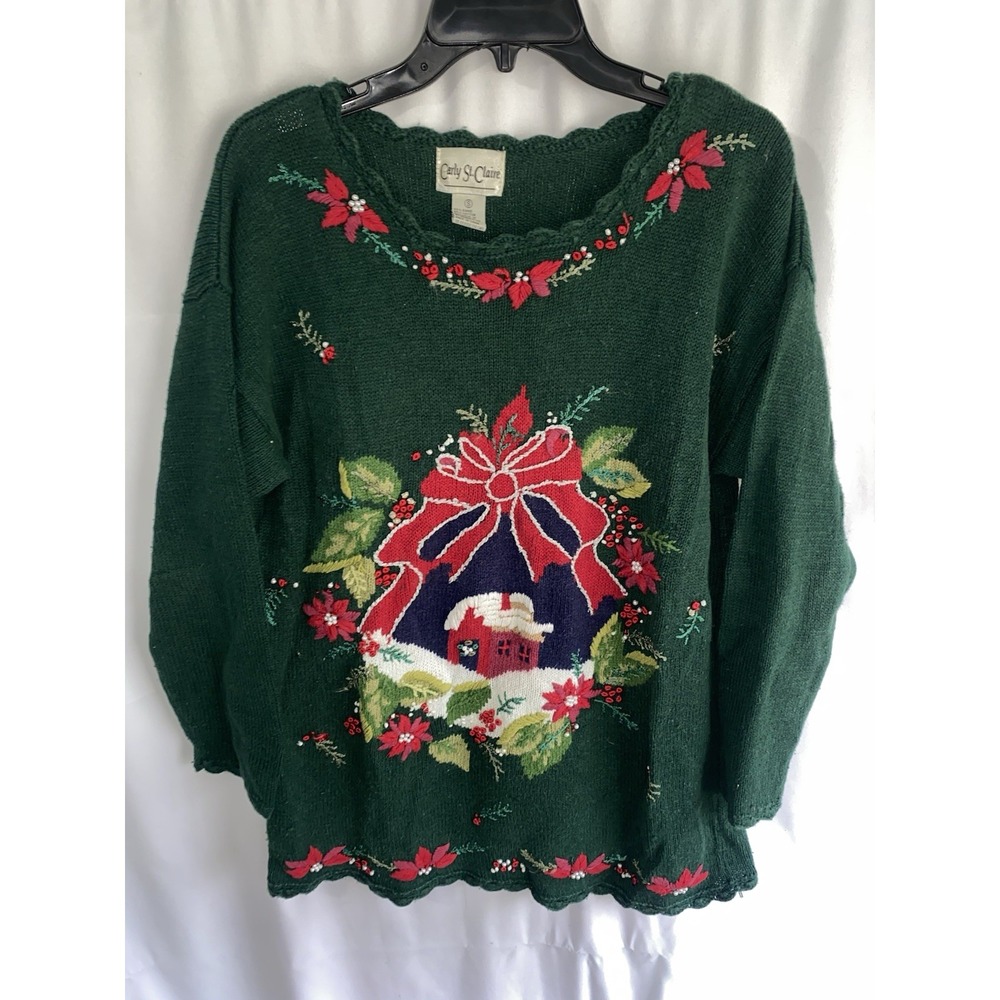 Vintage Christmas Snow Flowers Winter Holiday Sweater Ramie Carly St‎ Claire